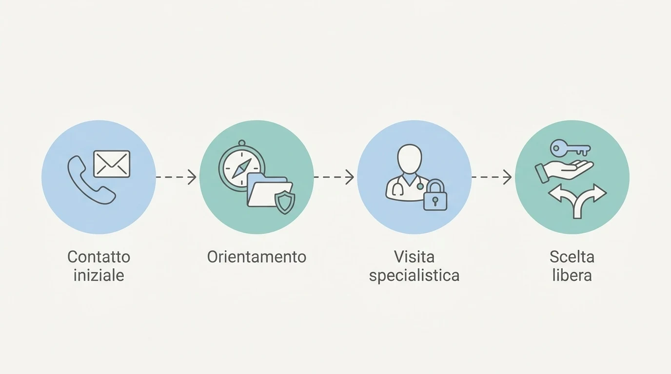 Diagramma di flusso che illustra le quattro fasi del percorso clinico, dal contatto iniziale alla visita specialistica.