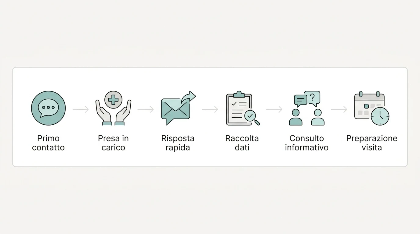 Diagramma di flusso che illustra le fasi dal primo messaggio WhatsApp al consulto informativo preliminare per l'aumento del seno.