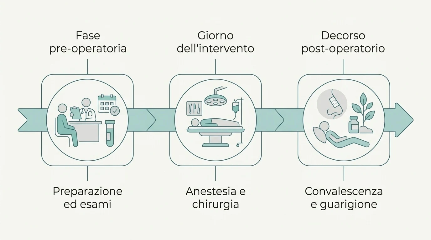 Diagramma schematico che illustra le tre fasi della rinoplastica: preparazione pre-operatoria, giorno dell'intervento e convalescenza.