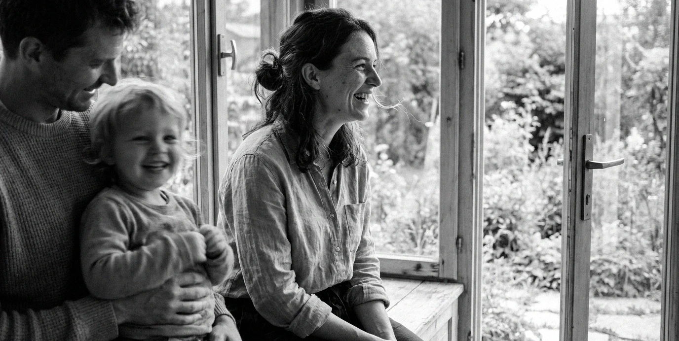Una donna sorridente ritratta di profilo in un momento felice in famiglia a casa, a testimonianza del recupero sereno dopo la rinoplastica.