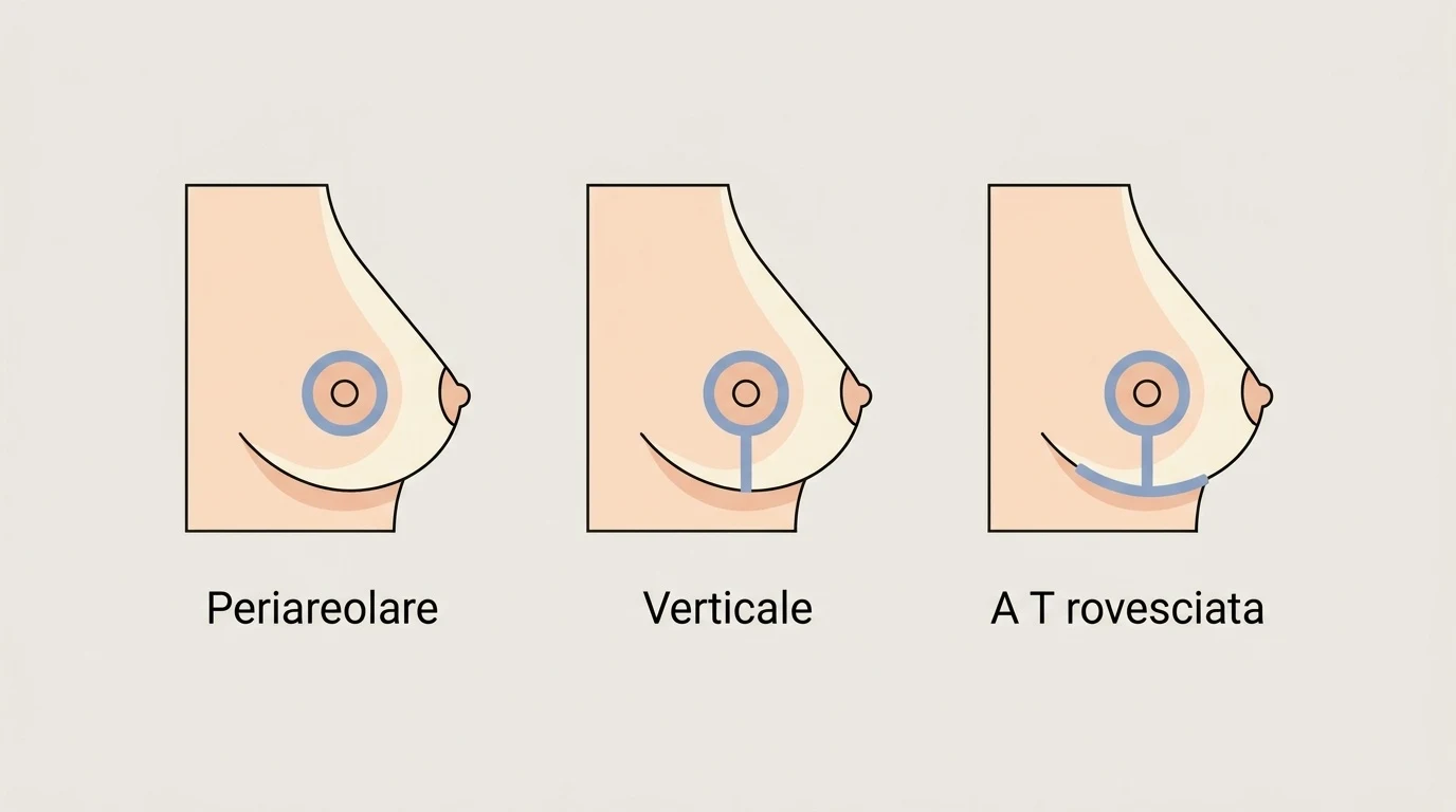 Schema grafico che illustra i tre tipi principali di incisione per la riduzione del seno: periareolare, verticale e a T rovesciata.
