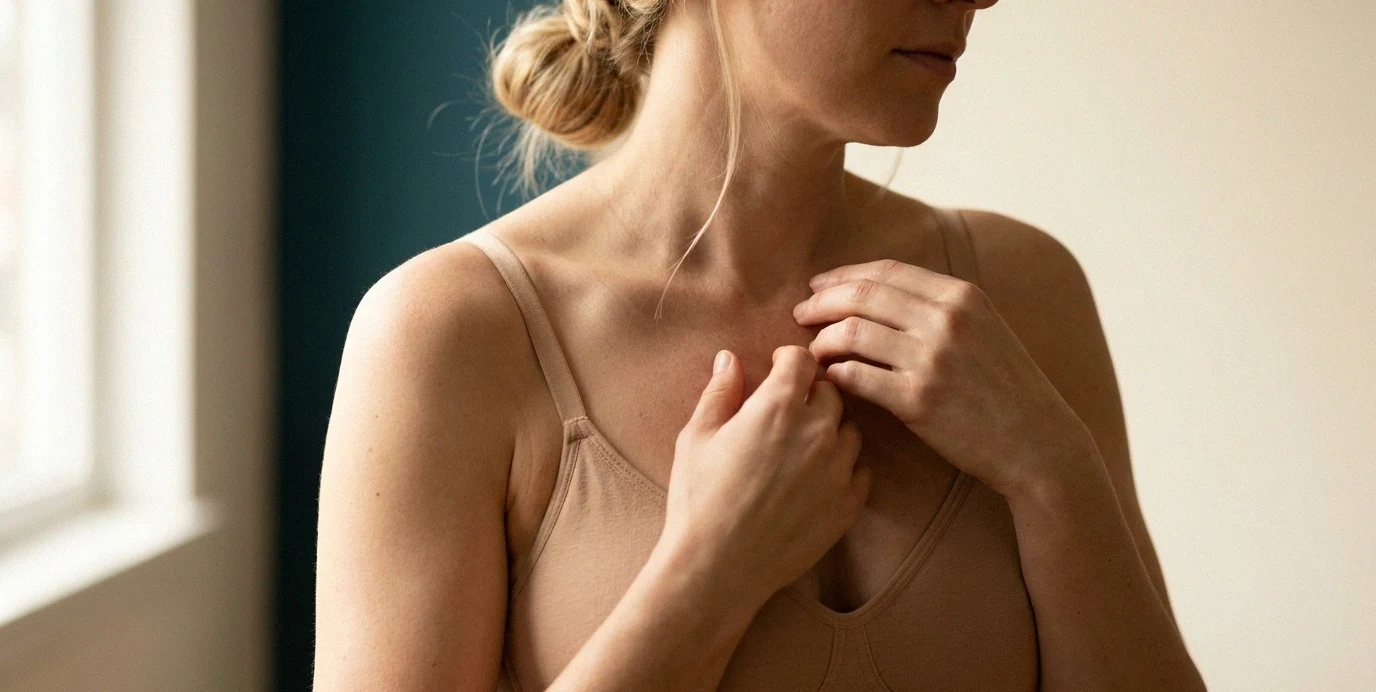 Dettaglio del décolleté e delle spalle rilassate di una donna che ha eseguito una riduzione del seno in sicurezza vicino a Trieste.