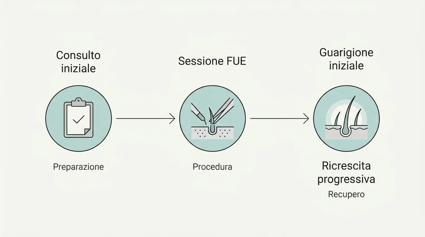 Diagramma a tre fasi che illustra il percorso dell'autotrapianto di capelli: consulto, sessione e ricrescita graduale.