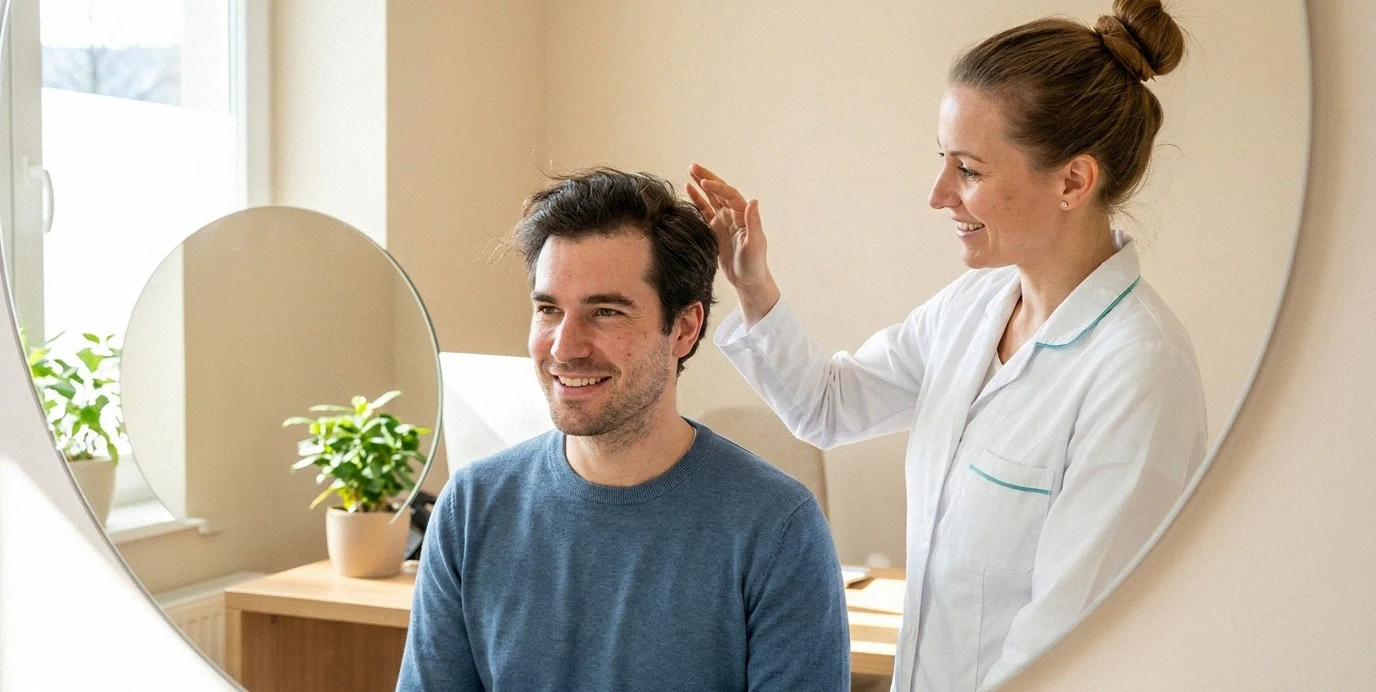 Un uomo mostra con fiducia i risultati naturali del suo trapianto di capelli FUE in una clinica in Slovenia durante un controllo.