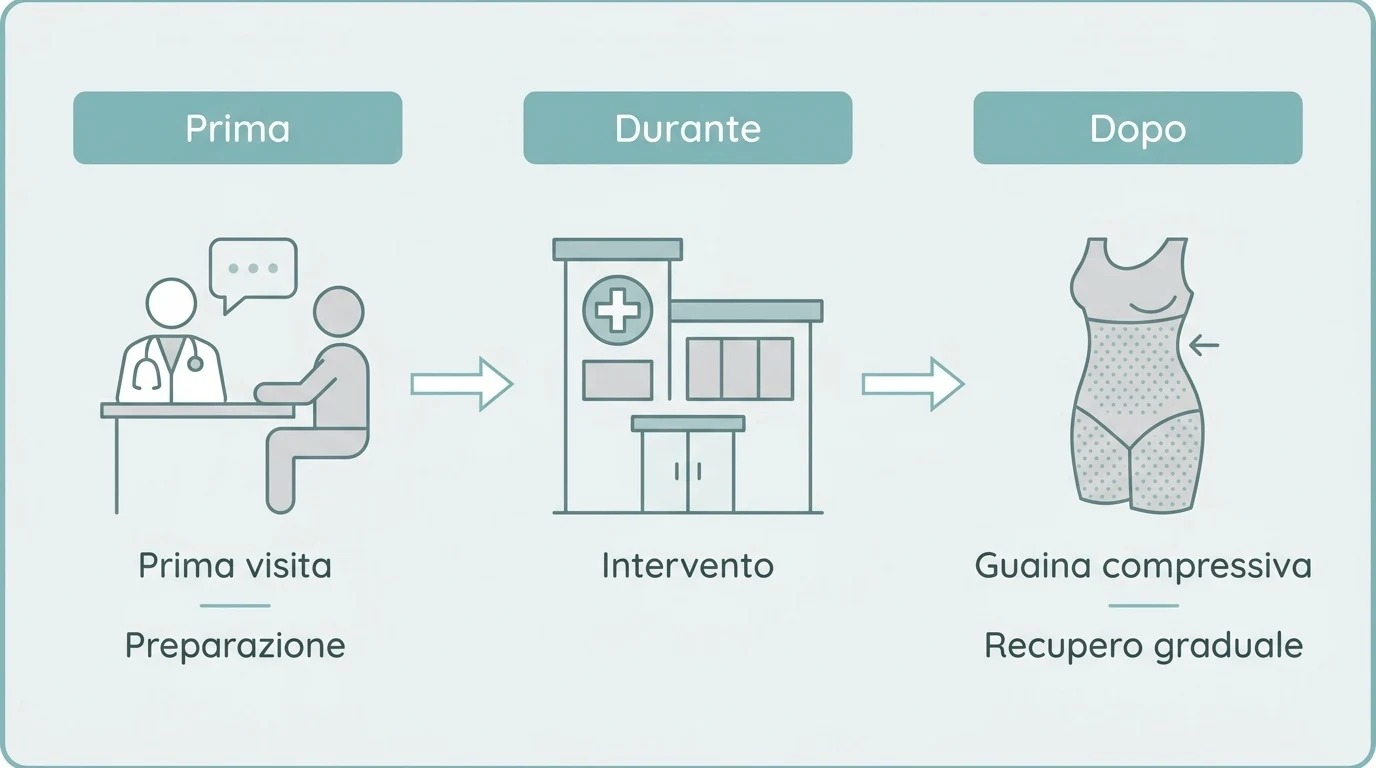 Diagramma a blocchi che illustra le fasi del percorso di addominoplastica: dalla prima visita al recupero post-operatorio.