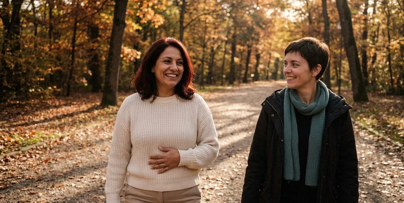 Due donne camminano felici in un parco autunnale, simboleggiando la rinascita e il rimodellamento corporeo con l'addominoplastica.