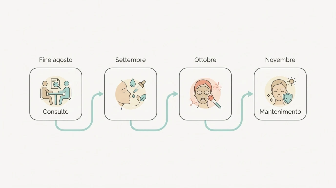 Diagramma temporale che mostra le fasi del percorso di cura del viso in autunno, da fine agosto a novembre.