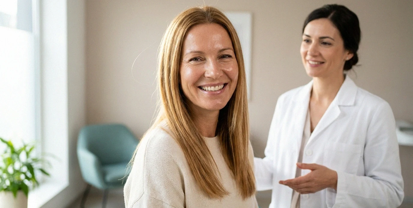 Una dottoressa e una paziente sorridente mostrano i risultati naturali di un trattamento di ringiovanimento del viso in clinica.