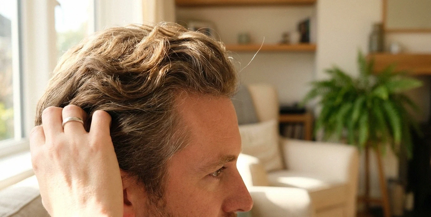 Vicinanza e fiducia: una mano sfiora i capelli folti e naturali di un uomo, mostrando i risultati di un trapianto di capelli sicuro.