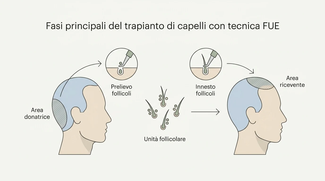 Diagramma schematico del trapianto FUE: prelievo dei follicoli dall'area donatrice e successivo innesto nell'area ricevente.