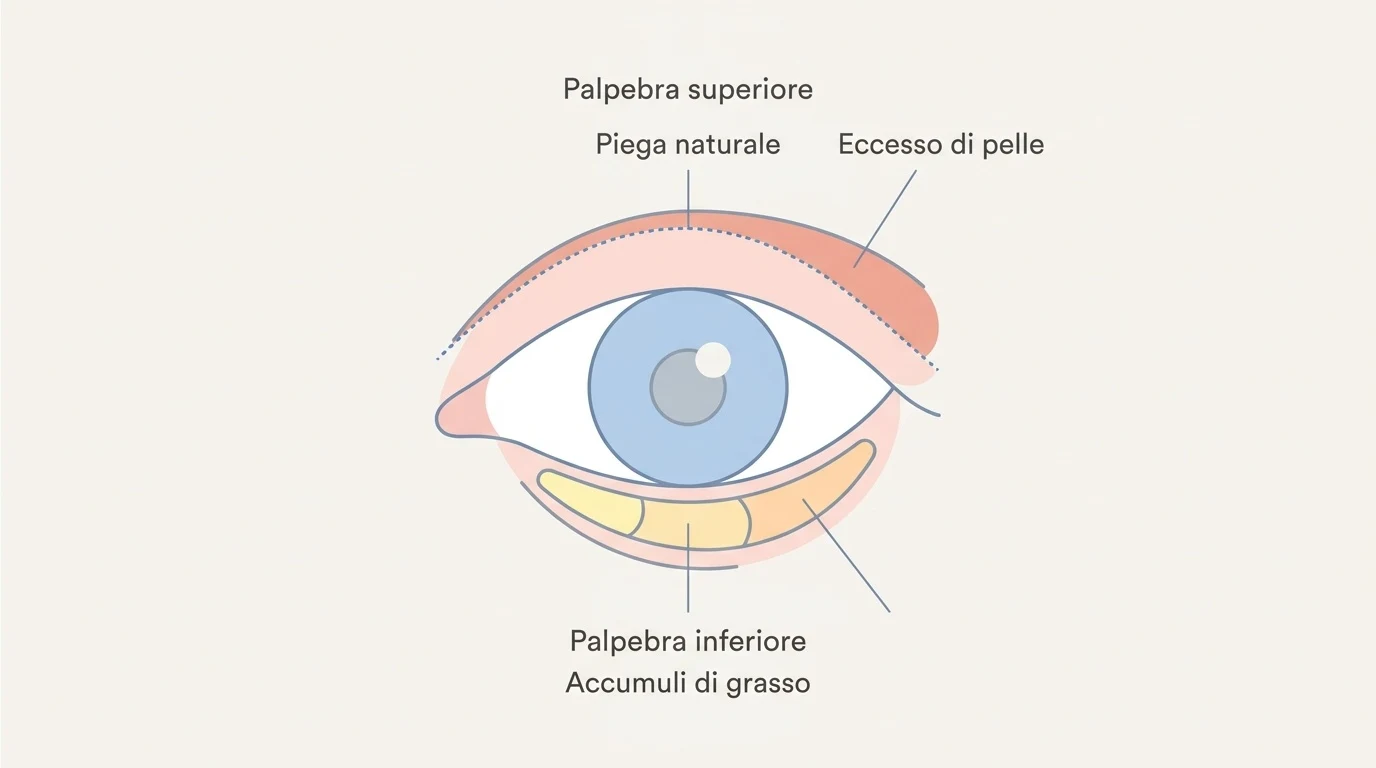 Schema anatomico dell'occhio che mostra le aree di intervento per la blefaroplastica superiore e inferiore.