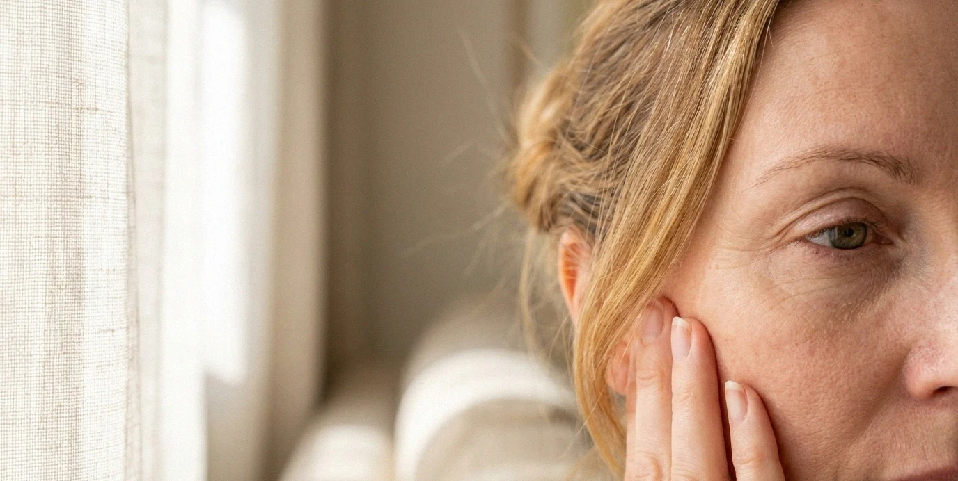 Dettaglio dello sguardo rilassato di una donna, che mostra la zona delle palpebre distesa e naturale dopo la blefaroplastica.
