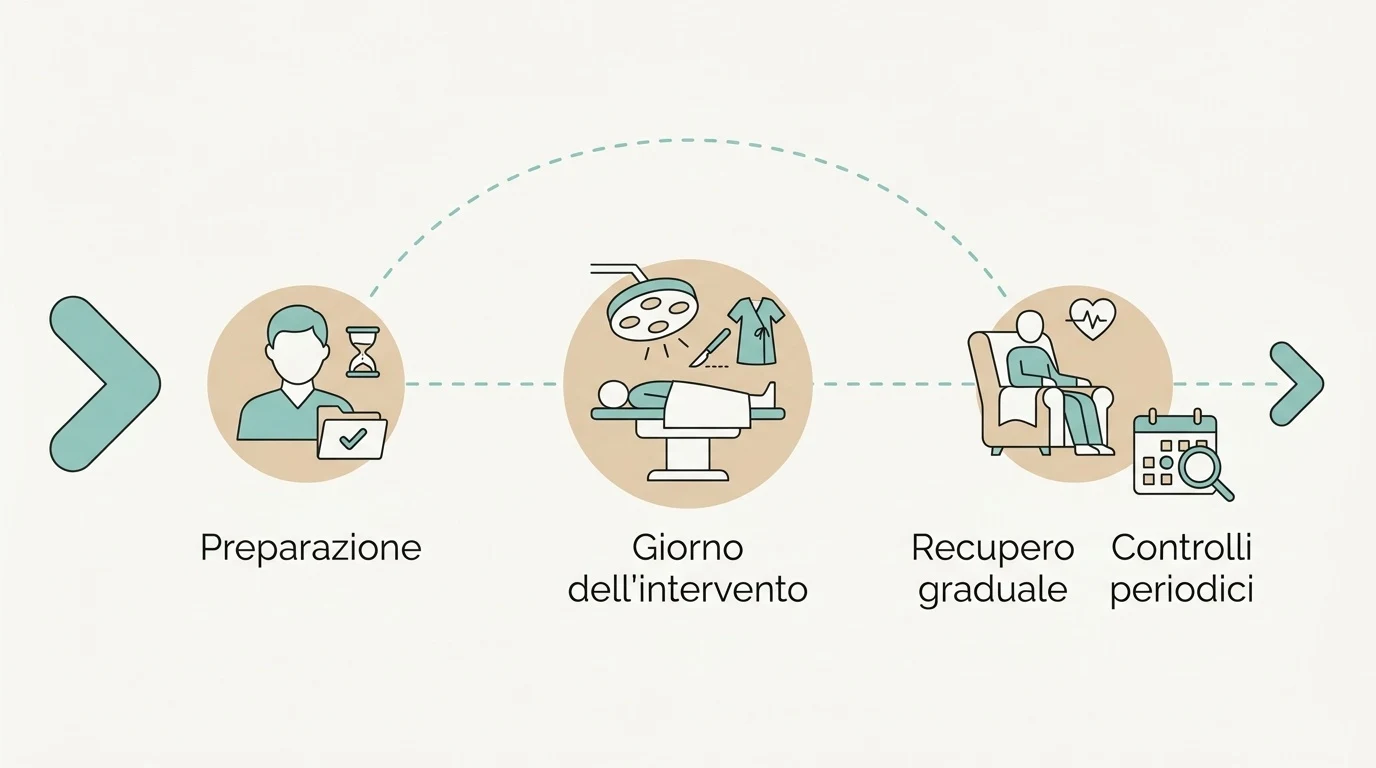 Diagramma a tappe che illustra il percorso dell'intervento: preparazione, giorno dell'operazione e fasi di recupero post-operatorio.