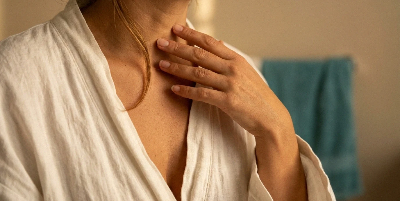 Dettaglio elegante del décolleté di una donna in una clinica accogliente per un intervento di aumento seno vicino a Trieste.