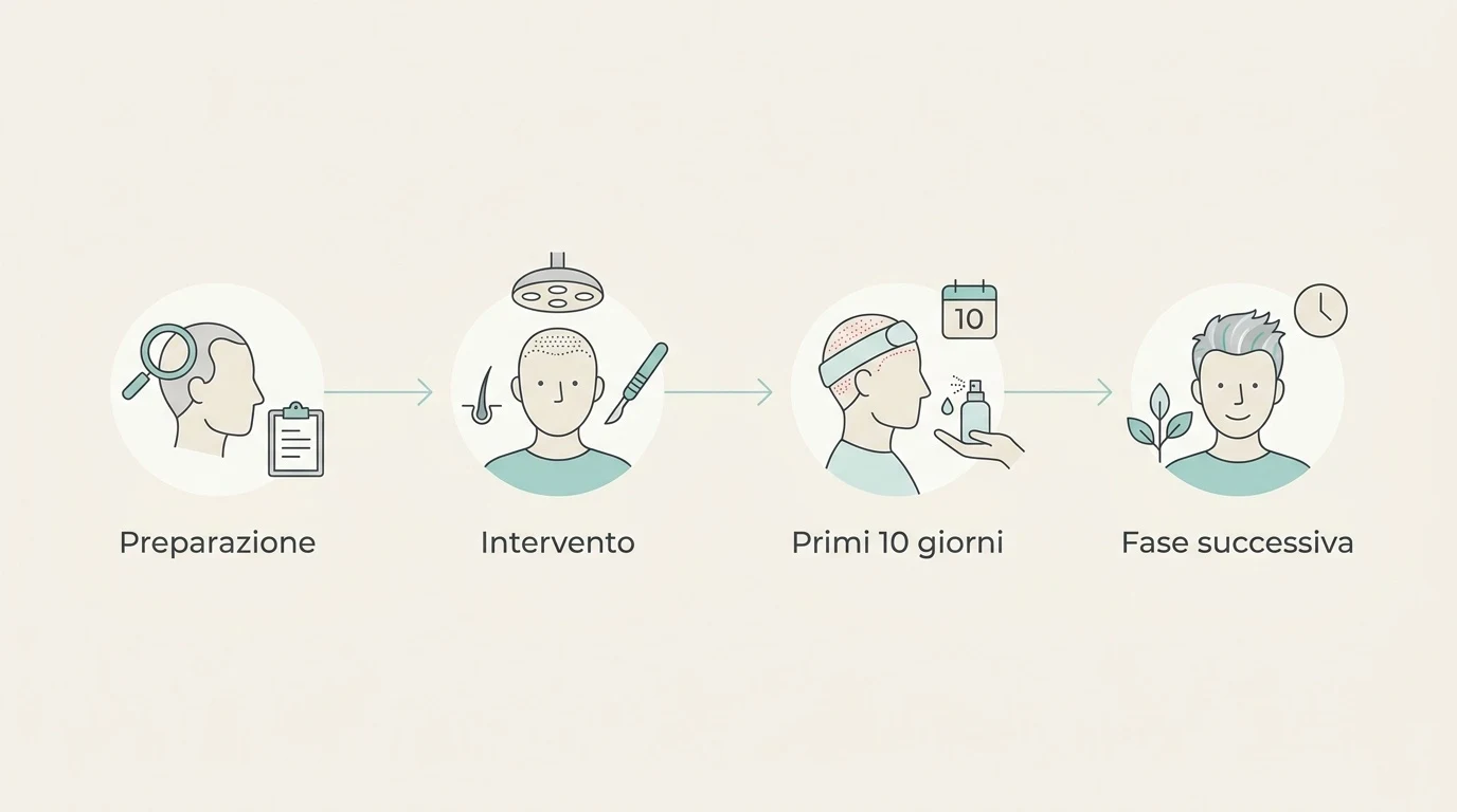 Diagramma temporale che illustra le quattro fasi principali del trapianto di capelli, dalla preparazione al recupero.