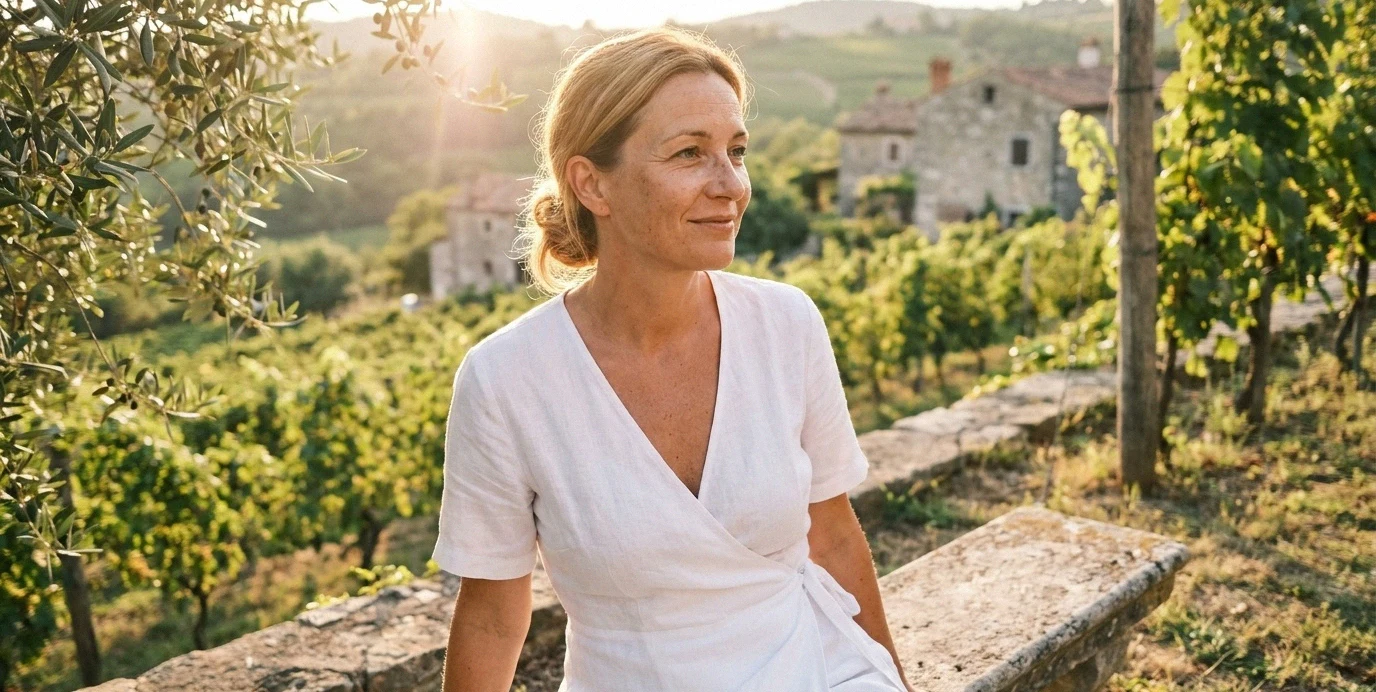 Una donna serena e fiduciosa all'aperto, che esprime il benessere e la sicurezza ritrovati grazie ai trattamenti di ginecologia estetica.