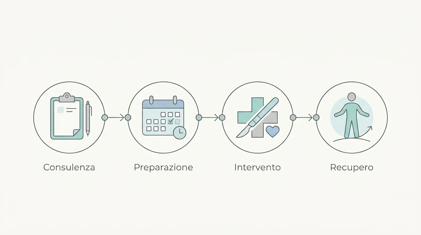 Diagramma a blocchi che illustra le quattro fasi del percorso di addominoplastica, dalla visita al recupero.