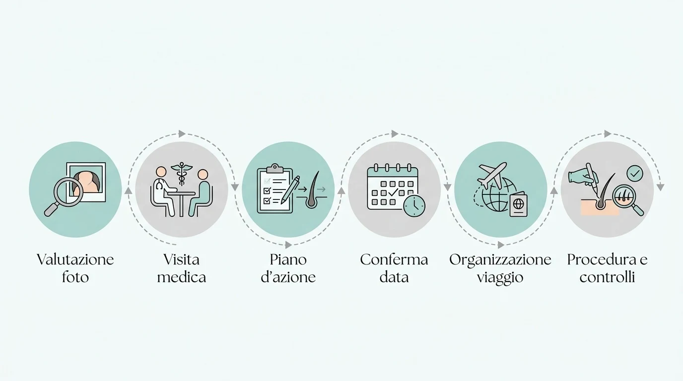 Diagramma a blocchi che illustra le sei fasi del percorso di pianificazione per l'autotrapianto di capelli.