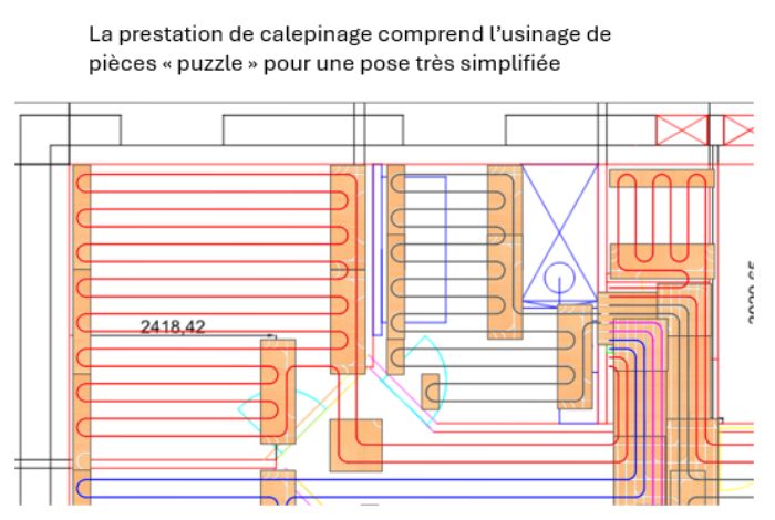 exemple de calepinage montrant les plaques de CaleoPuzzle comprises dans la prestation de calepinage 