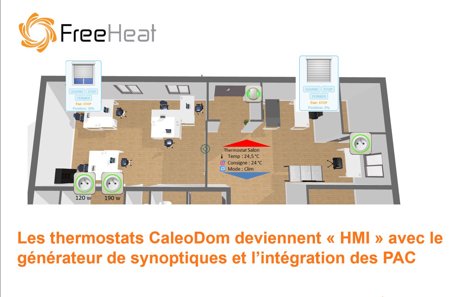 Avec vos thermostats, intégrez des équipements comme volets roulants, prise etc... et présentez les avec des synoptiques 