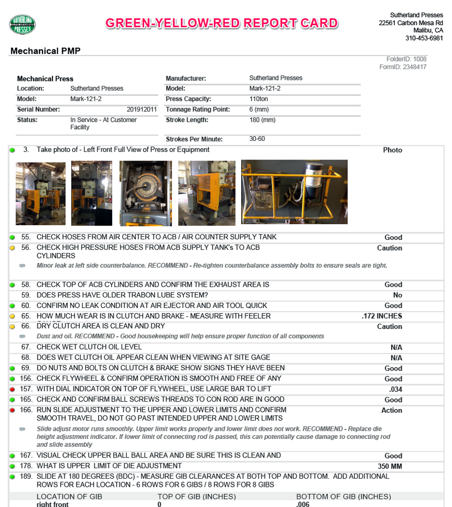 Sample PMP preventative maintenance report card