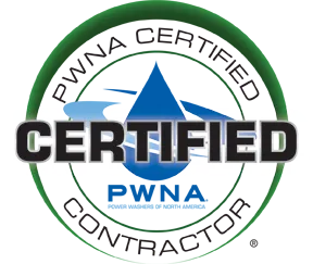 PWNA Certified Contractor badge highlighting commercial pressure washing, driveway cleaning, cleaning exterior surfaces, curb appeal, and free estimate today.