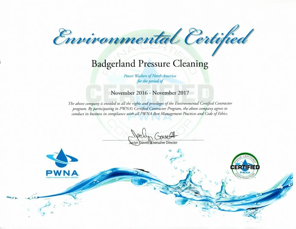 Certified for environmental pressure washing
