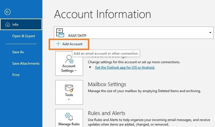 Outlook 365 add account