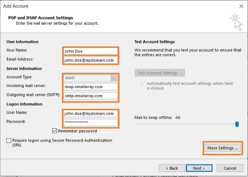 Outlook 2013 server details