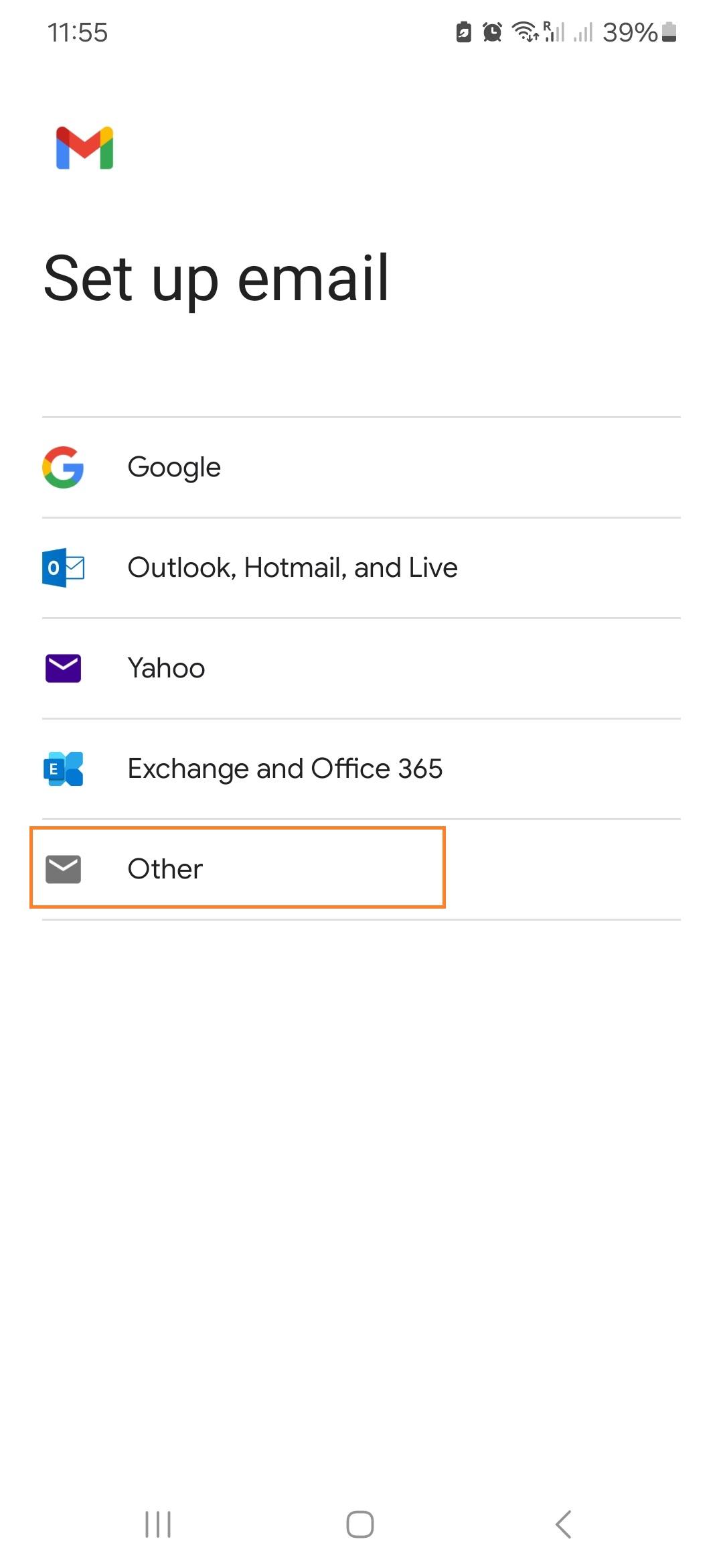 Android email setup step 1
