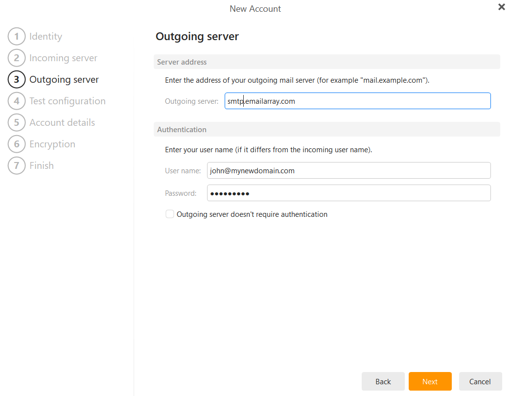 eM Client manual setup outgoing settings