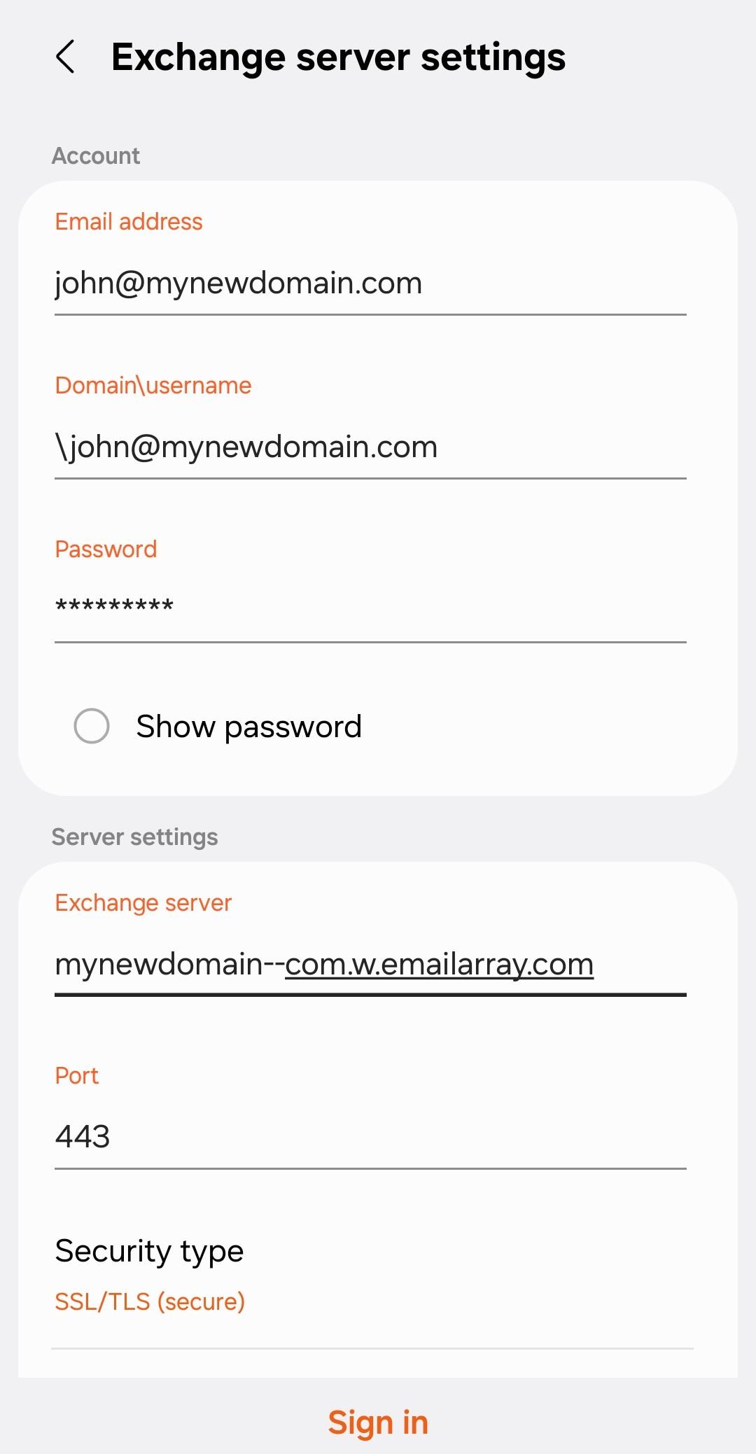 ActiveSync Android manual server settings