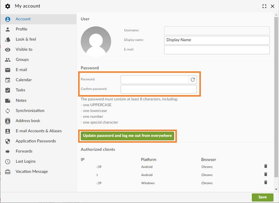 Webmail - update mailbox password