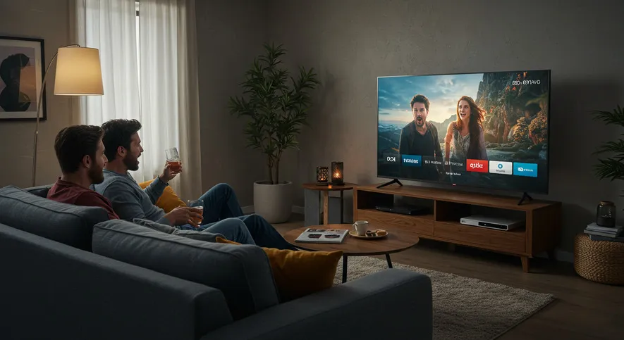 Dois adultos assistem a um filme em Smart TV em uma sala aconchegante à noite.