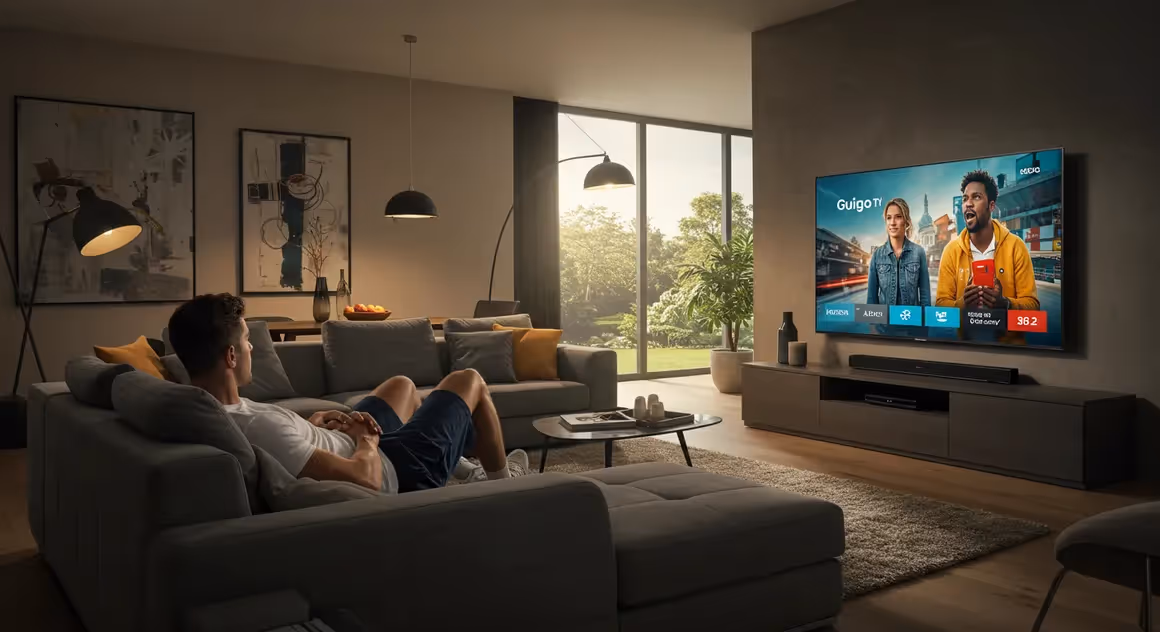 Homem relaxando no sofá vendo Guigo TV em casa à noite.