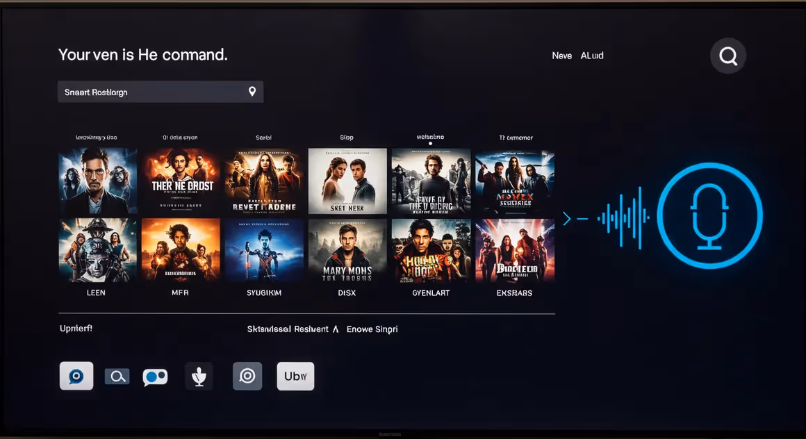 Tela de TV com busca por voz e filmes sugeridos