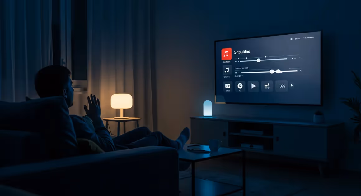 Homem controlando TV por comando de voz à noite