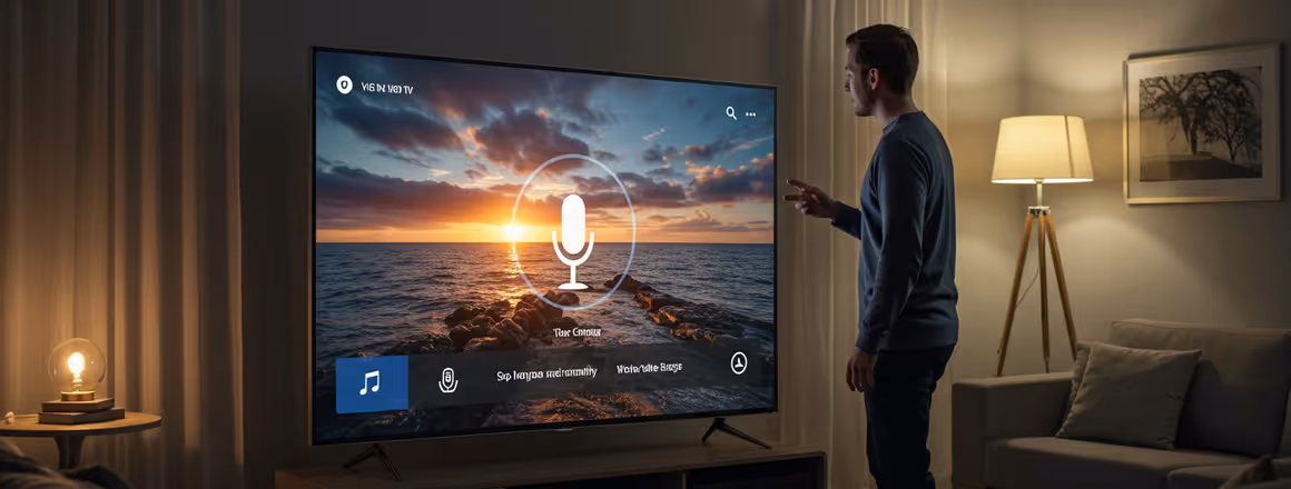 Homem usando comando de voz para controlar a TV