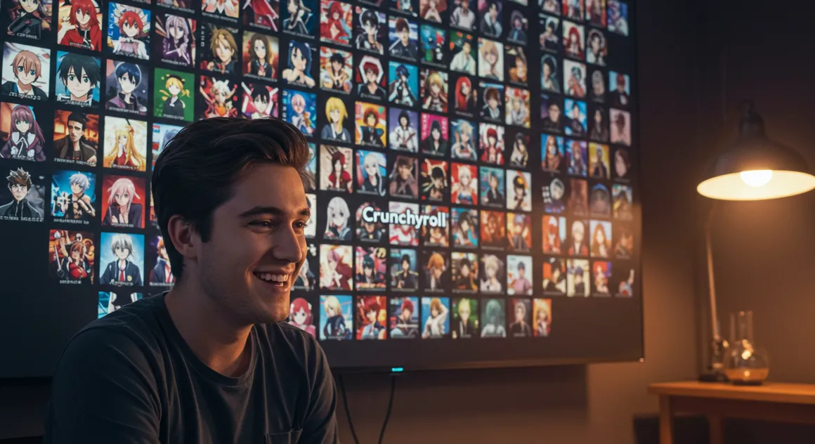 Jovem assistindo anime com várias imagens de personagens no Crunchyroll.