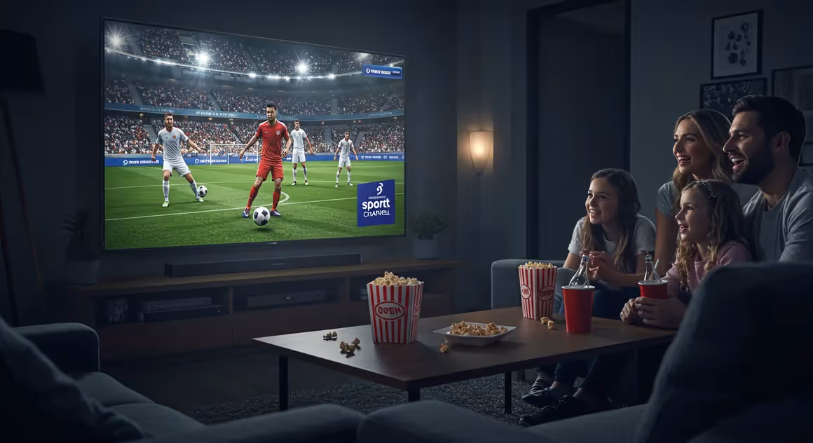 Família reunida assistindo jogo de futebol na TV com pipoca e refrigerante.