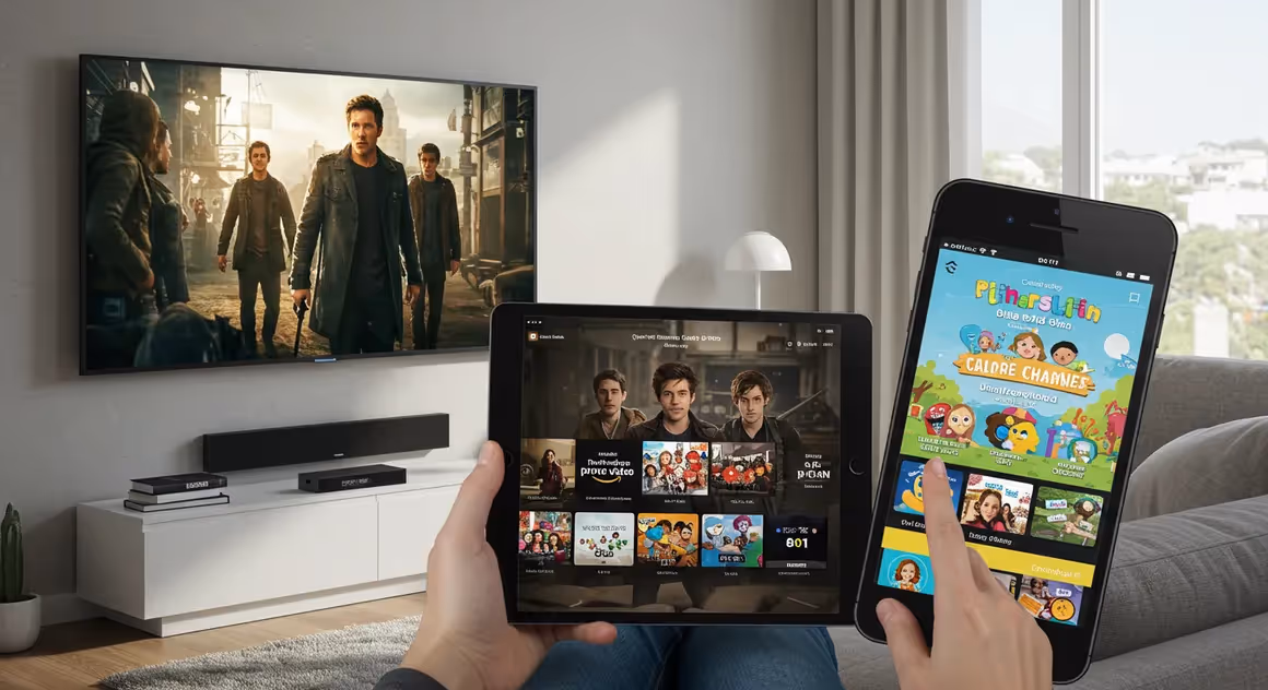 Dispositivos conectados exibindo conteúdos de streaming para adultos e crianças.