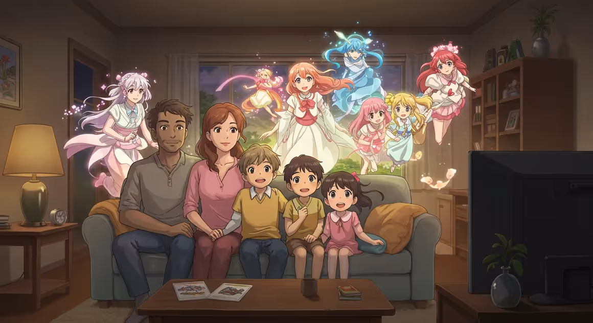 Família reunida assistindo anime com personagens mágicos surgindo na sala.