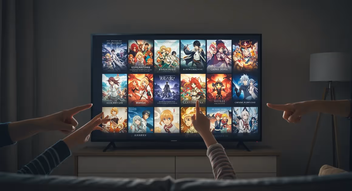 Pessoas escolhendo animes na TV com diversas opções na tela.
