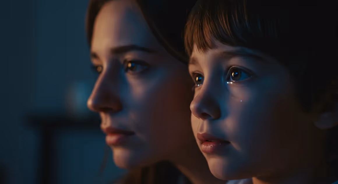 Criança emocionada com lágrima nos olhos assistindo à TV com mulher ao lado.