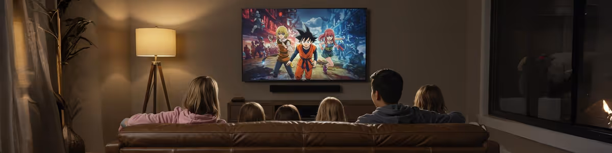 Família assistindo anime na TV em ambiente aconchegante.