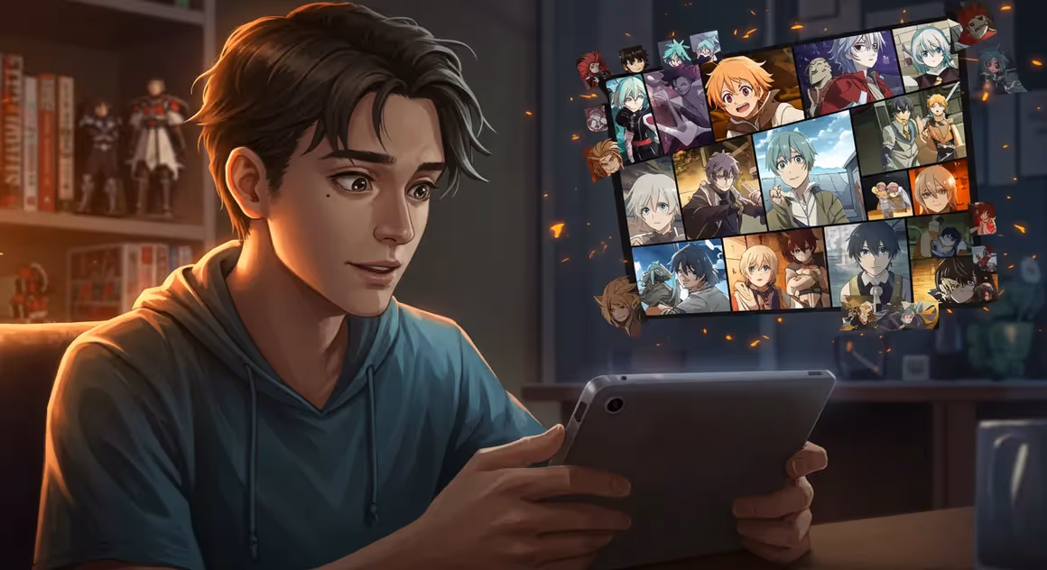 Jovem animado assistindo vários animes no tablet com imagens flutuantes.