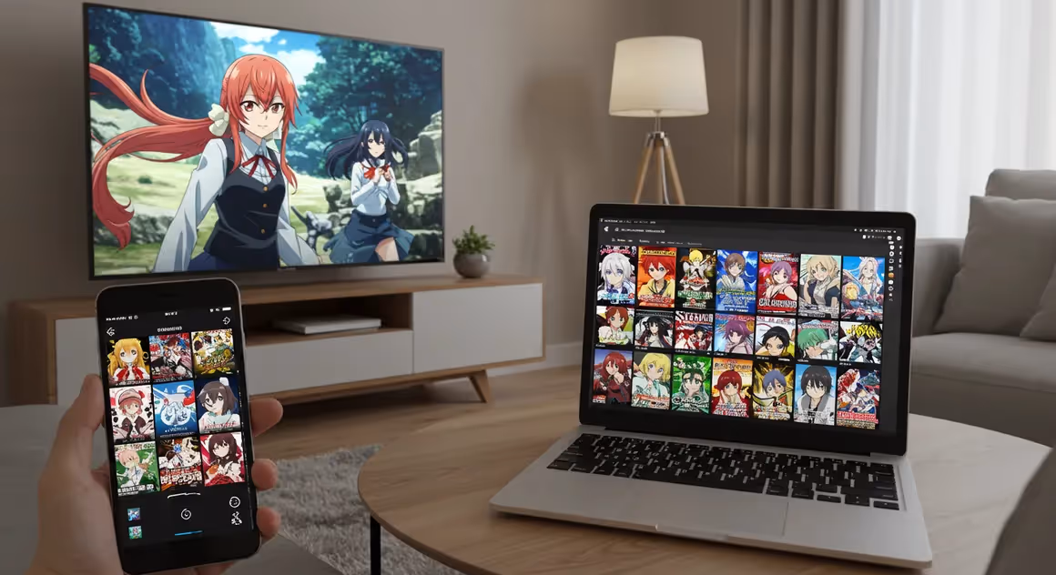 Streaming de animes exibido simultaneamente na TV, notebook e celular.