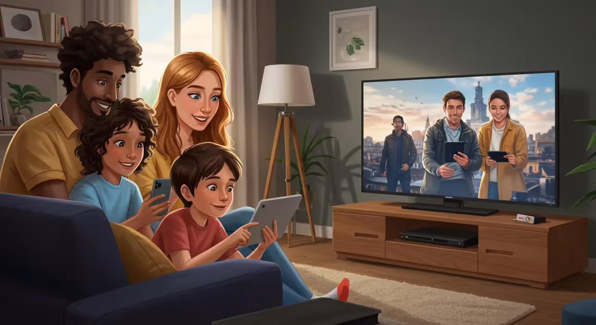 Família assistindo TV e interagindo com dispositivos móveis em casa.