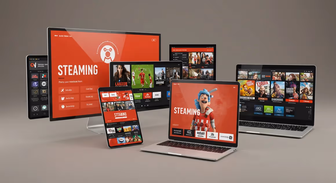Diversos dispositivos conectados exibindo conteúdo de streaming.