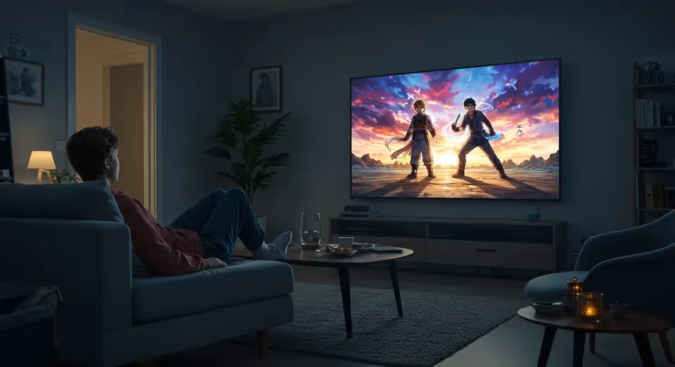 Pessoa sentada no sofá assistindo anime na televisão